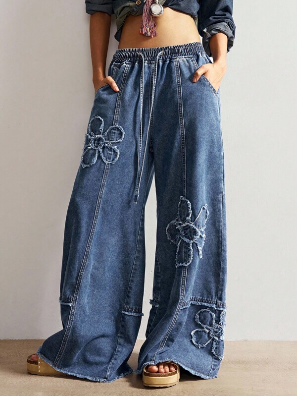 Bohemela Jeans de pierna ancha de unicolor casual para mujer