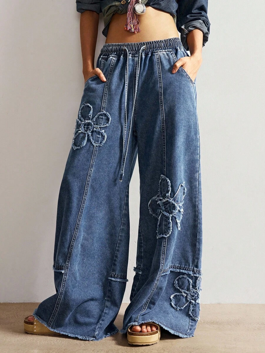 Bohemela Jeans de pierna ancha de unicolor casual para mujer