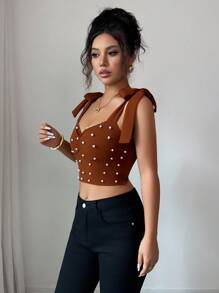 Elenzga Cute Sleeveless Tie-Up Camisole Top For Women, Elegant Romantic Pearls Decor Cropped Vest, Suitable For Music Festival, Halloween