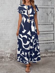 EMERY ROSE Women's Casual Dress With All-Over Print, Suitable For Vacation Navy Blue Maxi Dress Abstract Print Maxi Dress