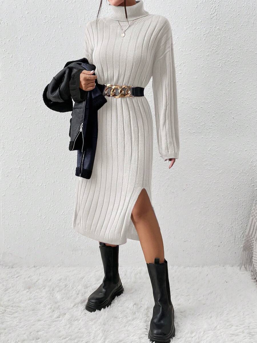 EURMUSE Slit Hem High Neck Drop Shoulder Sweater Dress (belt Not Included) - Beige - View 1