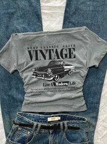 Attitoon 复古风格休闲女式露肩褶皱紧身短袖 T 恤，带有复古汽车和字母印花，适合夏季 - 淺灰色 - 查看 6