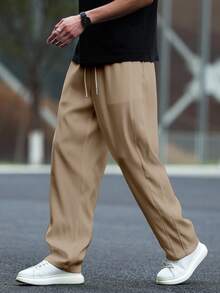 Manfinity Hypemode 男士口袋抽绳腰直筒宽松休闲裤男宽松版型裤子男S宽松直筒休闲裤宽松卡其裤男街头潮流裤韩版裤子男，秋季 - 卡其色 - 查看 5