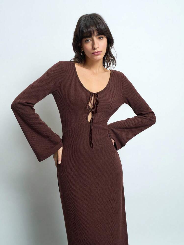 SHEIN Maija Women's Brown Open Back Dress, Versatile Modern Party/Gathering Outfit With Crisscross Tie Front Cutout, Loose Fit, Suitable For New Year Festival