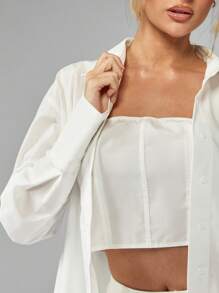 MISSGUIDED Blusa de manga larga con botones y estilo de corsé, camisa blanca oversize, ropa de oficina y de negocios casual, elegante y profesional para otoño e invierno