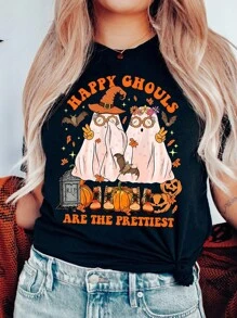 SHEIN LUNE 万圣节鬼魂印花休闲大码T恤