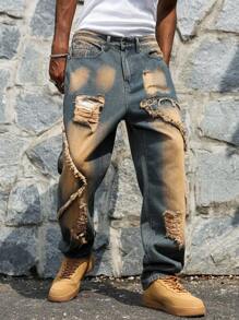 Manfinity EMRG Men's Avant-Garde Hip Hop Streetwear Button Destroyed Wide-Leg Jeans Hang Out Street College - Blue - View 3