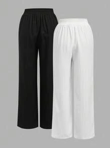 SHEIN Essnce 2 chiếc quần ống đứng thoải mái, đa năng, tối giản, thoải mái, có dây rút dành cho nữ, thích hợp mặc khi trở lại trường, đi sân bay, dạo phố - Nhiều màu - Xem 2