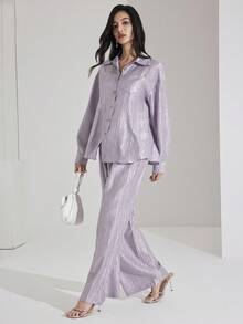 Heiryn School Shirt Women's Backless Sheer Elegant Classy Office Wear Blouse And Pants Set - Mauve Purple - View 4