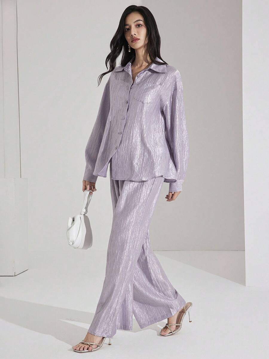 Heiryn School Shirt Women's Backless Sheer Elegant Classy Office Wear Blouse And Pants Set - Mauve Purple - View 1