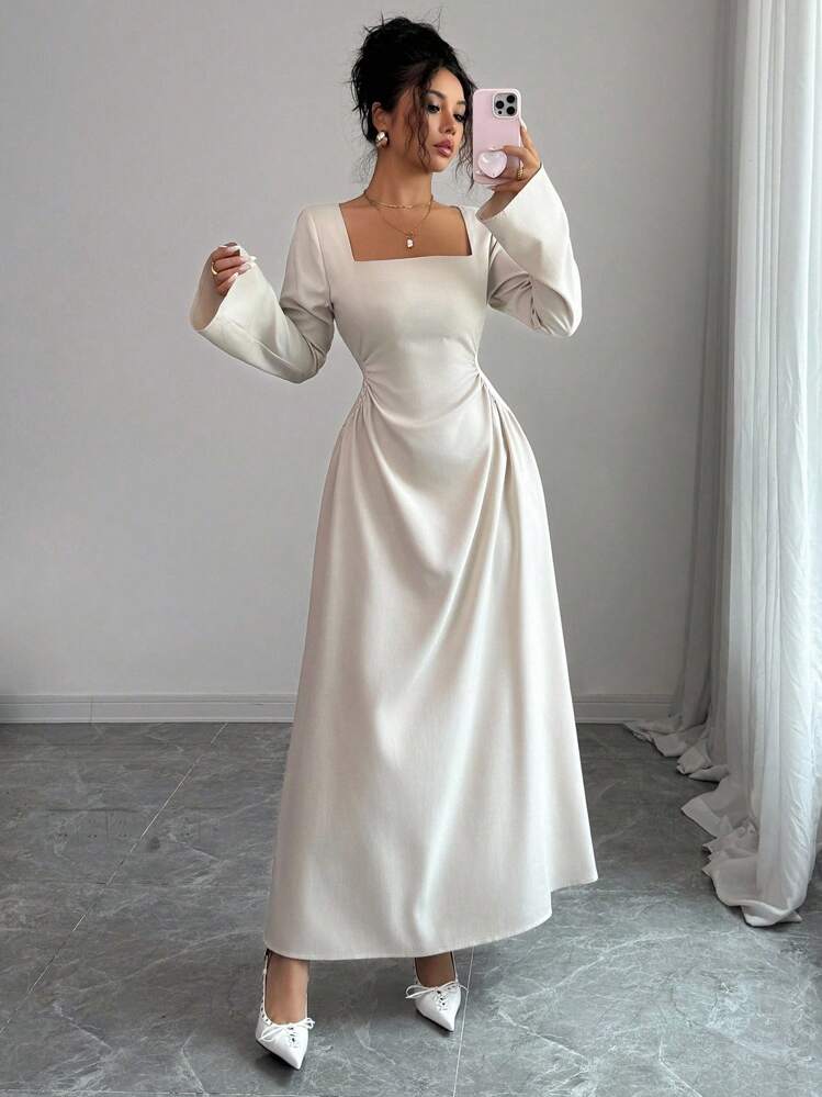 Siren Gaze Nuevo vestido de manga larga con cintura ceñida y línea A para mujer, para otoño - Albaricoque - Añade 5