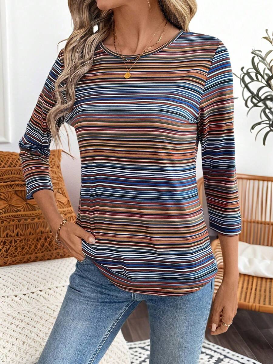 EMERY ROSE Women's Striped Crew Neck 3/4 Sleeve Casual Versatile T-Shirt, Spring Clothes - Multicolor - View 1