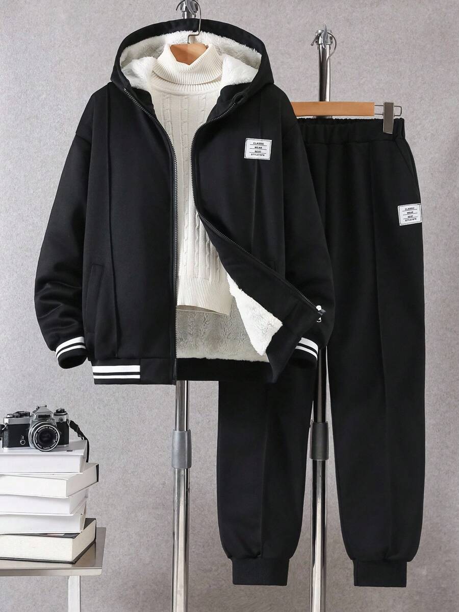 2pcs Teenage Outdoor Casual Autumn/Winter Striped Ribbed Hooded Jacket And Pants Set Fall - Black - View 1
