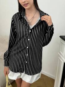 INAWLY Women's Striped Print Button Long Sleeve Shirt,Long Sleeve Tops Fall Cloth For Women - Black - View 4