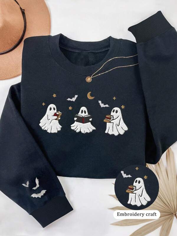 Lalippa Bluza z haftowanym duchem książki, bluza z okrągłym dekoltem na Halloween, damska bluza sportowa na jesień, koszulka dla miłośników książek, urocza koszulka z dyniowym duchem, damska bluza z kapturem z okrągłym dekoltem i haftowanym nadrukiem na sezon horrorów