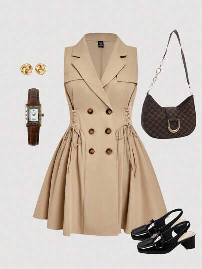 SHEIN MOD Abrigo de trinchera sin mangas con manga abullonada y cintura ceñida para mujer talla grande en beige