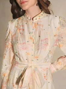 Anewsta Elegantes Ballonkleid mit Stehkragen - Pink - Übersicht 1