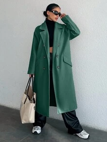 女士休闲纯色双排扣大衣，秋冬 - 墨綠色 - 查看 5