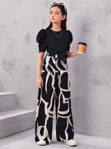 SHEIN Tween Girl Fitted Casual Geometric Pattern Patchwork Short-Sleeved Wide-Leg Jumpsuit - Black - View 6