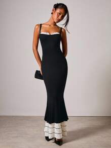 COSMINA Vestido midi elegante de mujer con bloque de color y volante en el bajo - Blanco y Negro - Ver 3