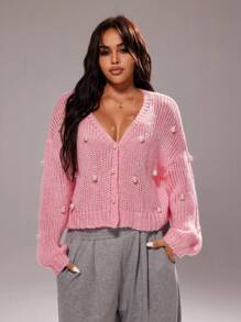 Rustia Áo len cardigan đính ngọc trai cỡ lớn dễ thương phong cách đường phố, màu hồng, mùa thu/đông - Hồng - Xem 5
