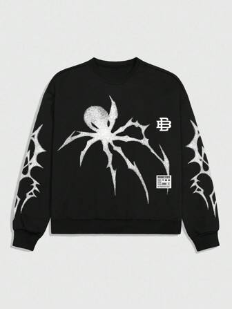 Goth Men's Spider Print Crew Neck Long Sleeve Pullover Sweatshirt