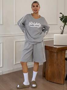 DAZY 2 pièces Ensemble de pyjama femme avec haut à manches longues imprimé anglais et short ample avec bordure contrastée, vêtements d'automne - Gris - Voir 6