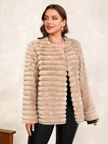 SHEIN Clasi Plus Size Elegant Solid Color Faux Fur Coat, Autumn/Winter Fall - Khaki - View 6