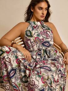SHEIN LUNE 大码佩斯利印花荷叶边下摆系带吊带连衣裙 - 彩色 - 查看 3