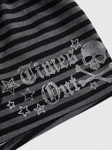 ROMWE Grunge Punk Short rayé avec décoration de strass grande taille - Noir - Voir 3