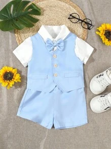 SHEIN 男婴夏季正式绅士套装三件套，短袖衬衫配蝴蝶结+单排扣马甲+休闲短裤，适合婚礼、演出、派对、生日、圣诞节、毕业典礼等场合。 - 藍色 - 查看 3