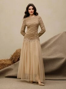 Anewsta 女士优雅修身拼接长裙，适合约会、聚会 - 卡其色 - 查看 3