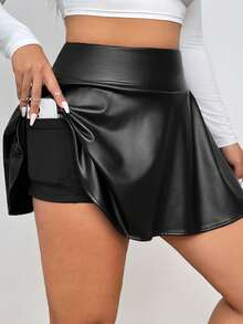 SHEIN Tween Girl Black Faux Leather Mini Skirt With Shorts Lining And Pockets, PU Skirt, PU Skort Leather Short Short Skirts For Girls Black Leather Skirt Skirts For Teen Girls Black Skirt For Teen Fall Winter