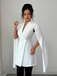 Elenzga Damen elegante weiße Jacke mit geraffter Taille, leicht - Weiss - Übersicht 4