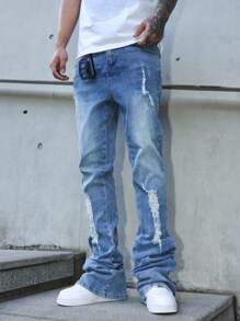 Manfinity EMRG Quần jeans ống loe denim trơn màu, có túi xếp ly, thường ngày dành cho nam, quần jeans dạo phố nam - Rửa nhẹ - Xem 3