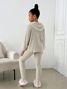 Tween Girls Ribbed Knit Hoodie Top And Leggings 2 Pieces Set, Casual Everyday Comfortable Soft Thick Outfit, Autumn/Winter - Khaki - View 2