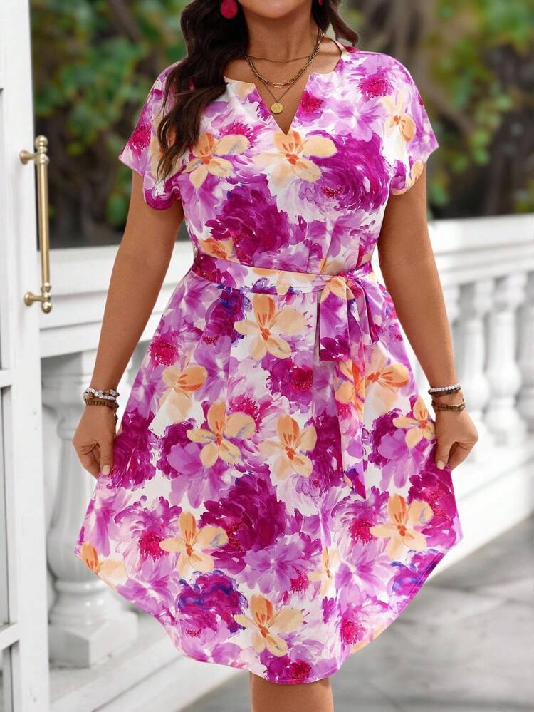 Plus Size V-Neck Sleeveless Floral Print Belted Dress,Plus Size Women Clothes,Suitable For Early Autumn,Going Out Outfits,Western Outfits ,Women Vacation Outfits Women, Plus Size Floral Dress, Minimalist Style For Everyday Wear,Tropical Vacation Outfits For Women,Resort Clothing,Going Out Outfits