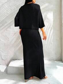 Women Shirt Blouse And Skirt Two Piece Outfit Cover Up Set For Summer Beach Vacation - Black - View 2