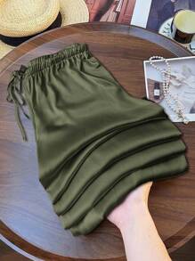 SHEIN LUNE Green Long Satin Wide-Leg Pants For Women With Casual Style Silk Pants Satin Pants Green Silk Pants Green Satin Pants Olive Green Pants - Green - View 2
