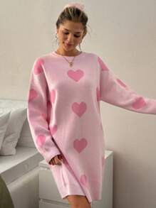 EURMUSE Crewneck Heart Pattern Knit Sweater Dress In Candy Pink – 82cm Shoulder To Hem Length, Relaxed Fit,Winter Dresses For Women,Petite - Pink - View 7