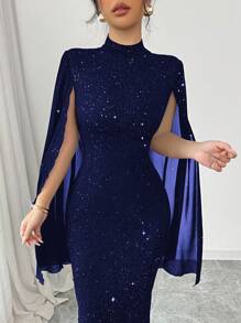 Elenzga Váy bó sát cổ tròn in họa tiết lá bạc lấp lánh dành cho nữ - Màu xanh hải quân - Xem 6