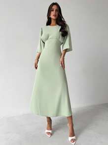 Firerie 女士优雅休闲日常通勤度假办公绿色圆领短袖系带A字X型中长连衣裙，适合度假、海滩、夏季穿着 - 綠色 - 查看 4