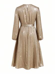 Ellevyn 女士圆领灯笼袖长袖金属涂层面料金色束腰 A 字优雅日常、派对、聚会中长连衣裙，秋冬 - 金色 - 查看 4