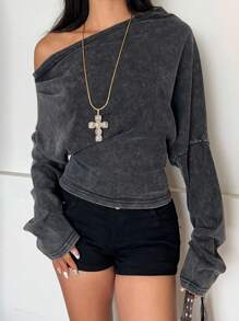 SHEIN EZwear Washed One Shoulder Casual Loose Fit Long Sleeve Sweatshirt For Women,Y2k Clothes,Streetwear, In Fall/Winter - Grey - View 6