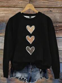 EMERY ROSE Plus Size Women Heart Print Graphic Casual Sweatshirt, Suitable For Spring/Autumn Autumn And Winter Fall - Multicolor - View 3