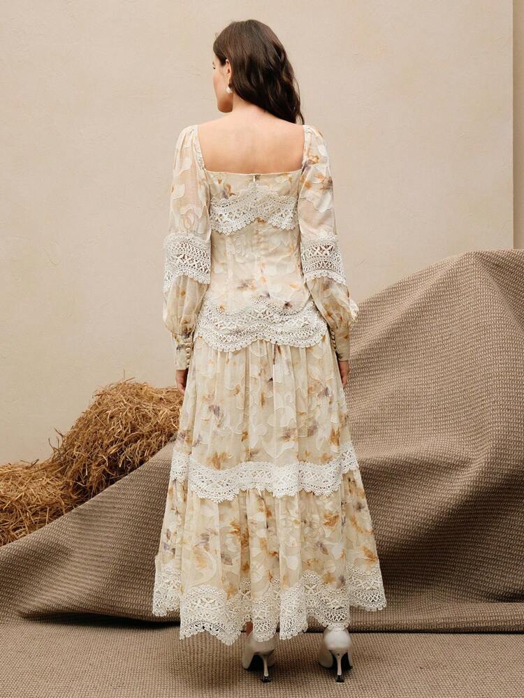 クリームイエロー ロングスリーブドレス ロマンチックなタイダイ、ジャガード、ホロウレーストリム、フレアヘム、休暇、休日、デート、春秋に優雅