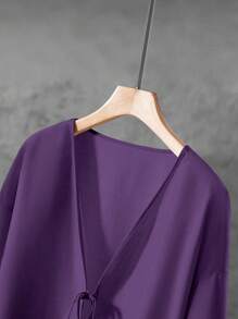 SHEIN LUNE 2件套加大码纯色系带长袖上衣和裤子套装 - 紫色 - 查看 8