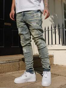 Manfinity Homme Men's Casual Ripped Pocket Distressed Simple Design Denim Jeans Going Out Hang Out Commute Vacation Street - Light Wash - View 1