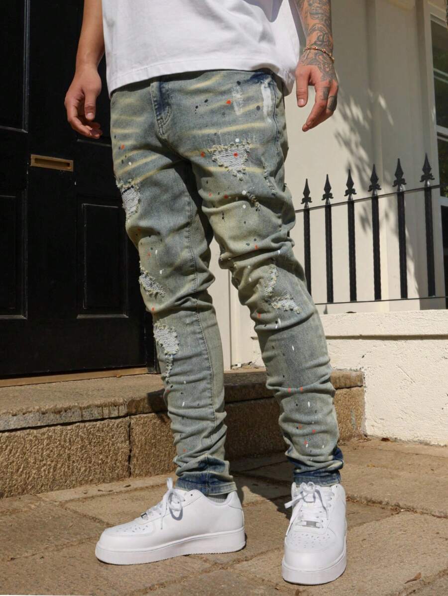 Manfinity Homme Men's Casual Ripped Pocket Distressed Simple Design Denim Jeans Going Out Hang Out Commute Vacation Street - Light Wash - View 1