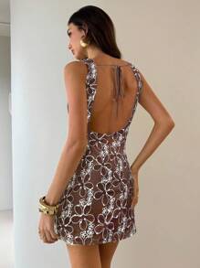 Aloruh Vestido Curto Feminino Sexy Sem Costas, Bordado em Chiffon, Silhueta em A, Adequado para Férias na Primavera/Verão - Castanho - Visão 2
